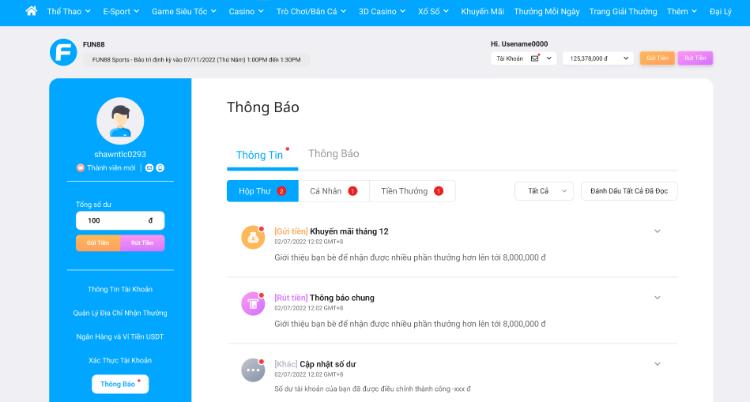 thông báo khuyến mãi mới fun88