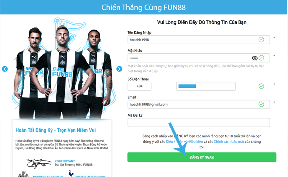 Trang đăng ký Fun88 và các thông tin cần điền