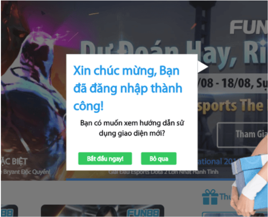 Thông báo đăng nhập tài khoản Fun88 thành công