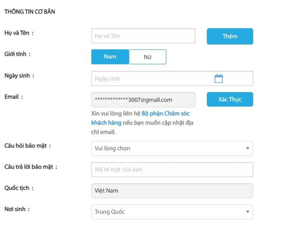 Giao diện cập nhật thông tin tài khoản Fun88